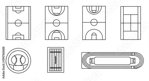 Layouts of various sports fields and courts in black and white.
