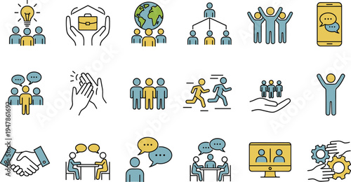 People and business team collaboration flat linear icons set. social network, meeting, and teamwork
