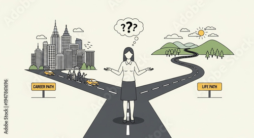 Woman at crossroads with city and nature.