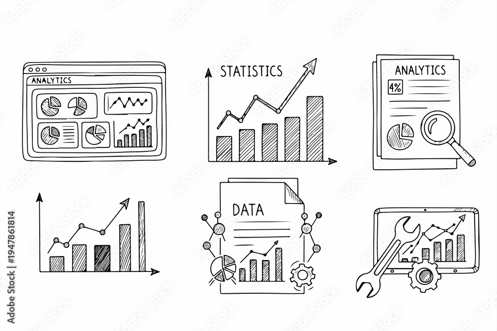 Naklejka premium Business Data Analytics and Statistics Icon Set - Hand Drawn Financial Growth Doodles