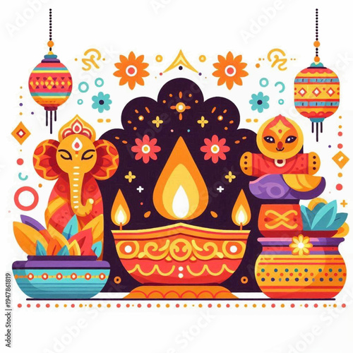 Colorful flat vector illustration of Ganesha and Lakshmi with a central Diya lamp for Diwali.