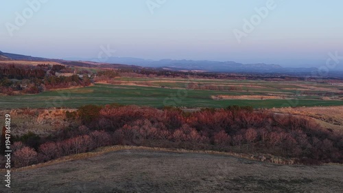 Aerial landscape of Mount Aso volcanic mountains in Kumamoto Kyushu Japan