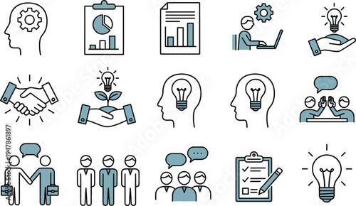 Business strategy and creative thinking icons including lightbulb gears handshake and data analysis