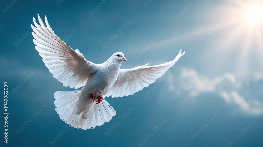 Obraz premium White dove soaring in a bright blue sky with the sun shining