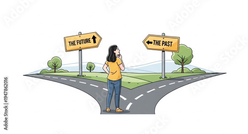 Woman at crossroads with signs.