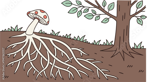 Mycorrhizal Association Vector Illustration: Symbiotic Relationship Between Mushroom Fungi and Tree Roots in Soil