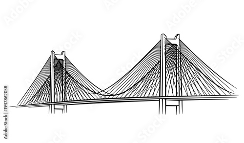 Simple suspension bridge architectural sketch vector illustration