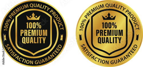 100 percent premium quality satisfaction guaranteed. Vector circle black and gold isolated on white with stars and crown. For icon, logo, label, seal, tag, sign, seal, symbol, badge, stamp, sticker