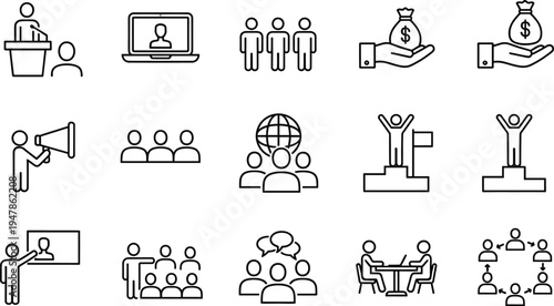 Business and leadership icons, presentation, teamwork, money and success symbols