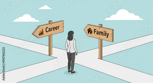 Woman at crossroads choosing career.