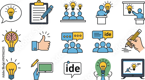 Idea generation and creative thinking icons, light bulbs and brainstorming concepts