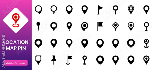 Location, map and navigation pin icon collection with GPS markers, place pointers, position tracking and route symbols, vector outline navigation icons set isolated on transparent background