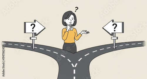 Woman at Crossroads Decision Point.