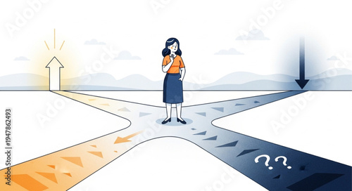Woman at Crossroads Decision Point.