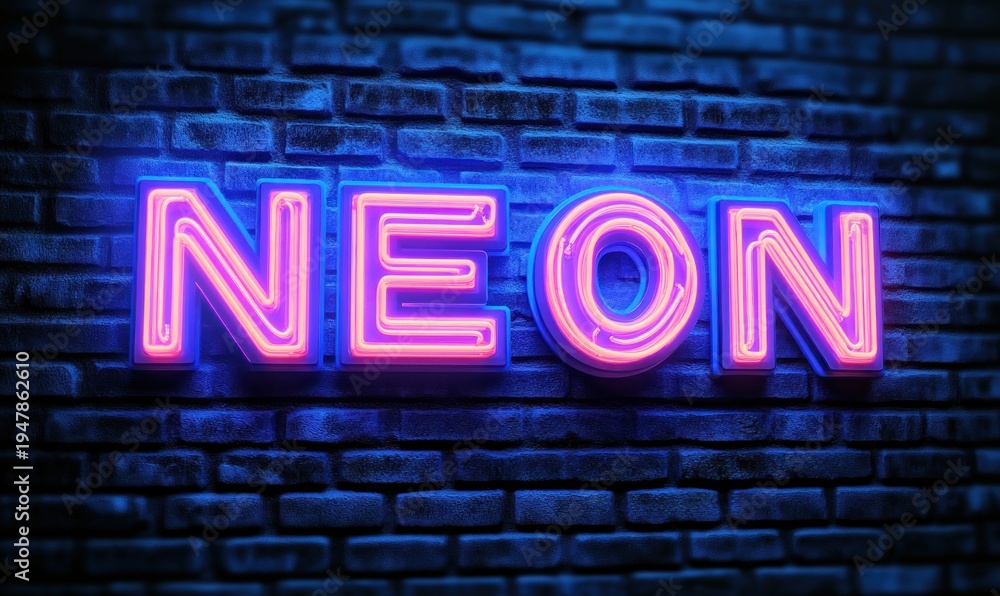 Obraz premium Vibrant pink and purple neon sign reading NEON glowing against a blue-lit dark brick wall, conveying an energetic retro urban nightlife mood