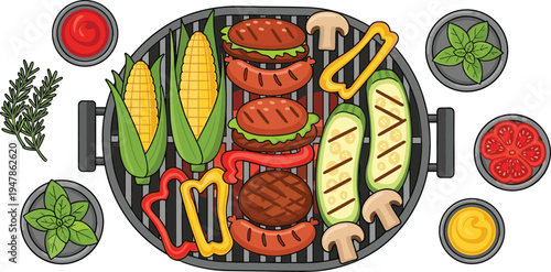 BBQ Grill with Burgers, Vegetables, and Condiments, Grilled Meat and Veggie Platter with Fresh Herbs, Summer BBQ Meal Illustration