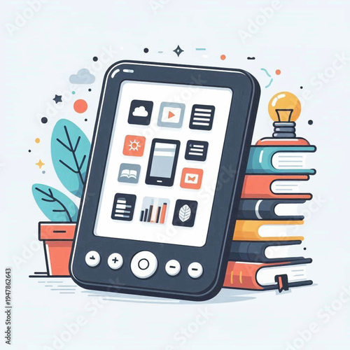 Modern ereader tablet with onscreen icons leaning against a colorful stack of books with a bright idea lightbulb.
