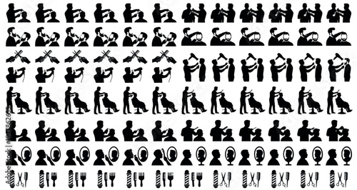 Barbers Hair Stylists Silhouette Set Pack. Editable Vector Illustration. featuring barber, barbershop, haircut, hair, styling, hairdresser, salon, groom, grooming, shave, shaving, beard more.