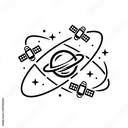 Stylized depiction of a celestial body with orbiting satellites, representing global communication, space technology, and interconnected networks