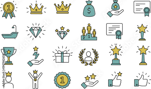 Achievement awards and recognition icons featuring trophies crowns medals and success celebration
