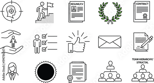 Professional recruitment line icons set for career growth human resources and hiring documentation