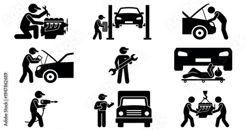 Mechanics and Auto Repair Silhouette Set Pack. Editable Vector Illustration. featuring mechanic, car, repair, automotive, maintenance, service, vehicle, engine, tool, garage, workshop more.