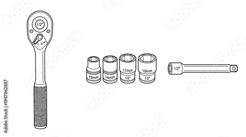 Line Art Set of Socket Wrench Tools on White Background