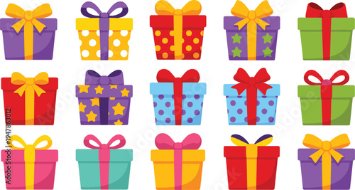 Colorful gift box icon set with various patterns and ribbons isolated on white background for Christmas birthday holiday celebration and promotional sale event.