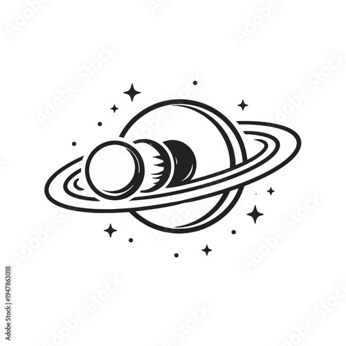 Stylized graphic concept of a ringed planet system with orbiting moons and shimmering stars, depicting the celestial beauty and mysteries of the distant cosmos