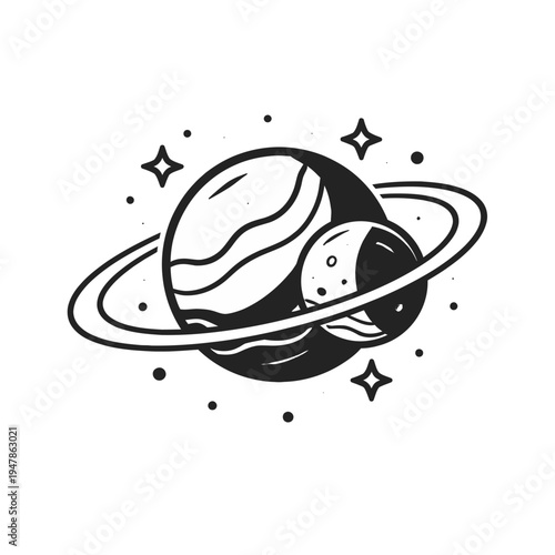 A stylized drawing of a ringed planet with a moon and stars, rendered in a simple, artistic black and white design