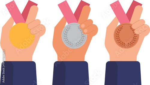 Hands holding gold silver and bronze medals with red ribbons for competition success achievement victory and sport winners,