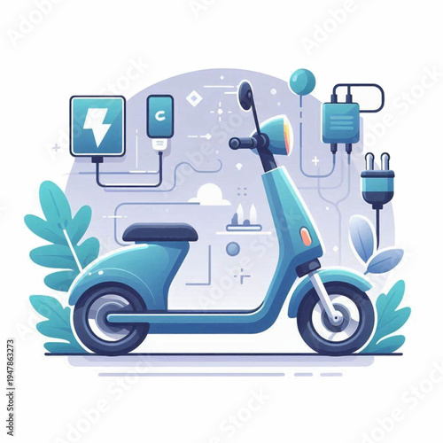 Stylized blue electric scooter plugged into a charging station a modern flat vector illustration of sustainable emobility.