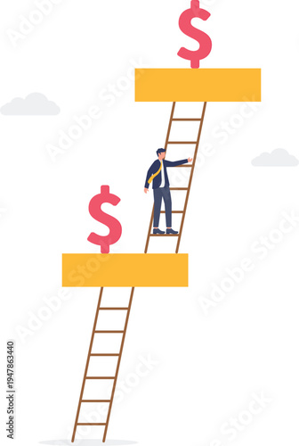 Businessman climbing dollar sign ladder steps
