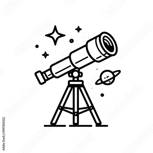 Minimalist line art illustration of a telescope pointing towards a starry night sky with a planet, symbolizing cosmic exploration, scientific discovery, and the boundless wonders of the universe