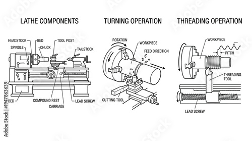 Diagrams of Lathe Machine Components Turning and Threading Operations