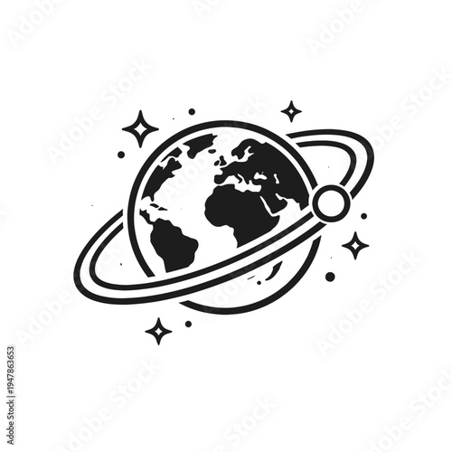 Stylized graphic depiction of Earth with celestial rings and sparkling stars, symbolizing global connection, digital reach, space exploration, and the endless possibilities of our interconnected world