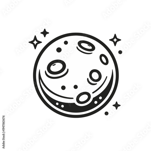 Whimsical illustration of a cartoon moon with craters and sparkling stars in a dark sky, perfect for space-themed designs