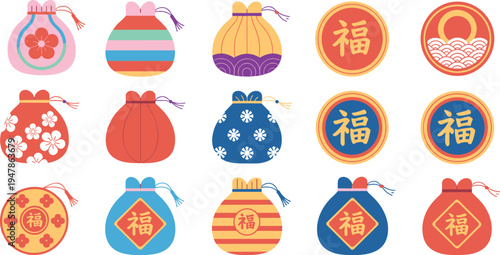 Traditional East Asian lucky pouch set with oriental patterns and coins for lunar new year celebration and festivals,