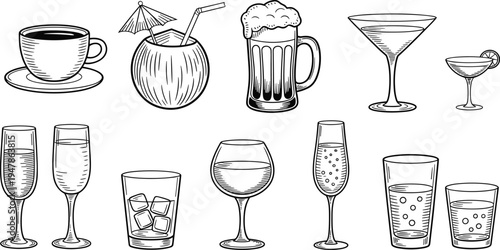 Hand drawn black and white engraved beverage icons set featuring coffee cocktails beer wine and tropical coconut drink vectors,