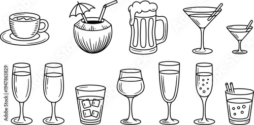 Minimalist black and white beverage line icons set including coffee cocktails beer and wine for bar menu design,