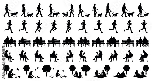 Park Visitors Silhouette Set Pack. Editable Vector Illustration. featuring people, silhouettes, vector, graphic, illustration, design, outdoor, activities, park, urban, leisure, recreation, walk more.