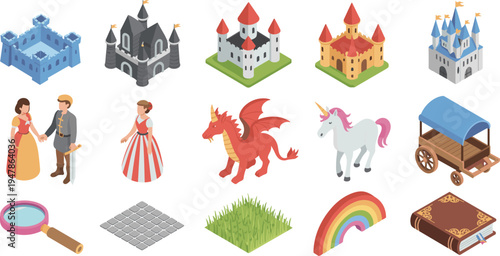 Isometric fantasy kingdom vector set with medieval castles dragon unicorn princess knight magic book and rainbow for game design,