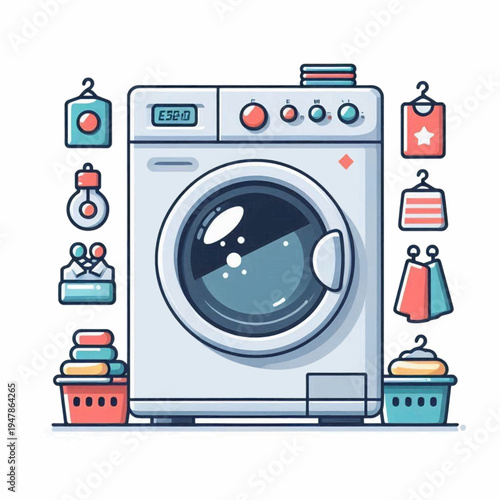Stylized frontload washing machine with laundry icons set Cartoon illustration of household appliance and clothes cleaning elements.