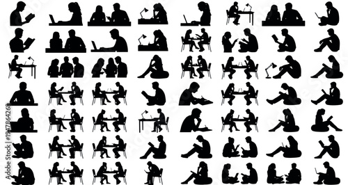 Library Study Activities Silhouette Set Pack. Editable Vector Illustration. featuring people, students, learners, workers, professionals, education, study, learning, desk, table, computer more.