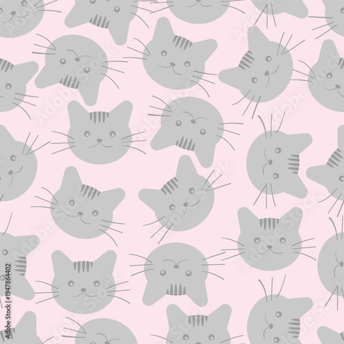 Gray cat faces pattern on pink. Cute pet wallpaper design seamless repeat. Cartoon animals pattern design for scrapbooking, decoration, cards, paper goods, background, wallpaper, wrapping, fabric.