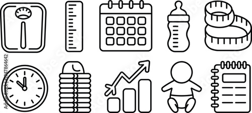Baby growth and health tracking line icon set featuring scale bottle calendar tape measure and infant development symbols,