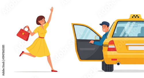 Woman Getting Out Taxi Cab.