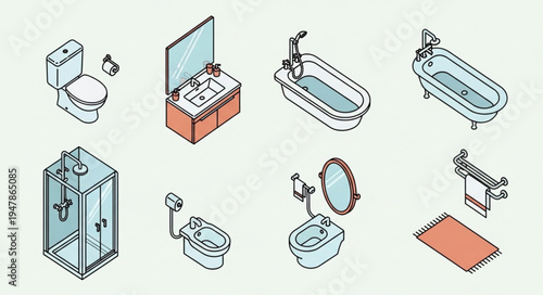 Isometric Bathroom Fixtures - Toilet, Sink, Bathtub, Shower, Bidet, and Accessories.