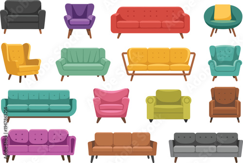 Collection of various colorful sofas and armchairs vector illustration for interior design home furniture and living room