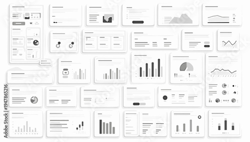A minimalist, monochromatic composition of various data displays. Ideal for illustrating analytics, reporting, and the processing of complex informati